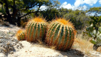 Poster - Three Barrel Cactus Plants Growing in the Desert