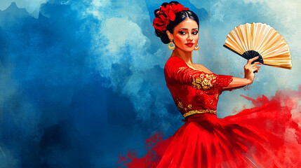 Wall Mural - Watercolor illustration of a Spanish woman dancing flamenco in a red dress, holding a fan, against a blue background. Copy space.