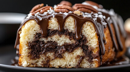 A delectable marble cake topped with a rich chocolate glaze, garnished with whole pecans and a sprinkle of shredded coconut.