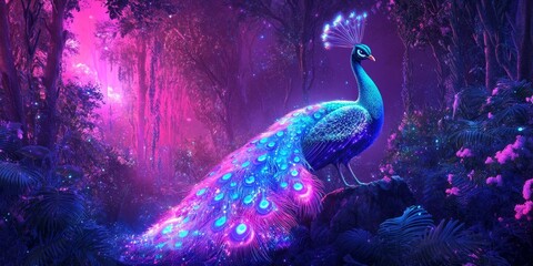 Canvas Print - A peacock with glowing feathers in a neon forest.