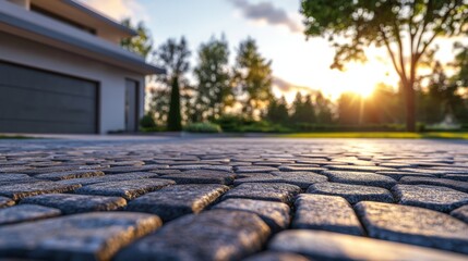 A beautiful sunset at dusk in a suburb, with a cobblestone driveway, grass lawn meadow, and a beautiful architecture building of the luxury home and garage.