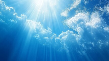 Wall Mural - white sun rays on blue sky with clouds. summer sunshine backgrounds, nature beam flare backgrounds, 