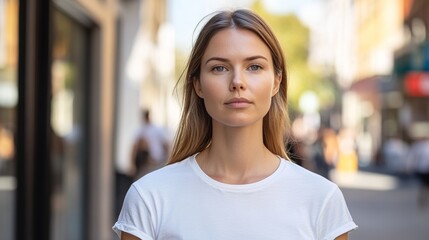 Pretty brunette girl wearing a white tee shirt on a city street outdoor. Attractive female model lady in casual clothes smiling, cute, cute, pretty, one of the cutest girl in the world.