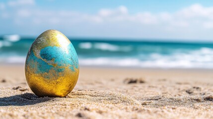 Planet earth globe on ocean sea sand beach, copy space, global, nature, green, summer vacation.