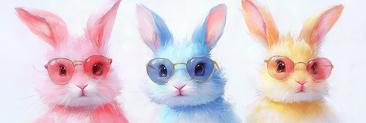 Canvas Print - Three cute bunnies in pink, blue, and yellow wearing round sunglasses.