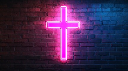 Wall Mural - In pink and purple neon dots, a Christian cross symbol appears on a brick wall background. Christianity religion beliefs, soul rescue and salvation, risen Lord worship, miracle, gospel, forgiveness,