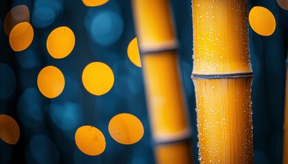 Canvas Print - Close-up of a Dew-Covered Golden Bamboo Stem with Defocused Yellow Lights in the Background