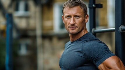 This young man poses outdoors in a calisthenics or street workout park, a pretty guy in shape, and an athlete with strong arms.