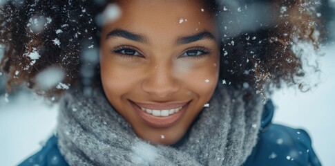 An African American woman having fun outdoors in the snowy winter, looking at the camera and smiling. Female person enjoying the cold weather outside.