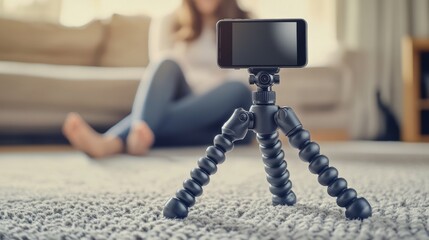 A close-up of a mobile smartphone placed on a tripod on the carpet in the modern house, room interior, recording a teenage girl blurred in the background, content creator.