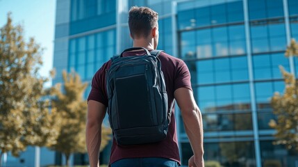 Having a hard time walking towards the gym to workout or train indoors for strength, a fit Caucasian man is shown walking in the rearview mirror.