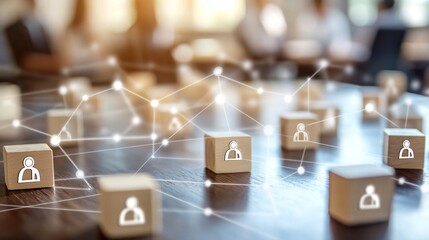 Poster - A networked cube with icons of businesspeople symbolizing a worldwide company team network, a community information exchange, and global communication.