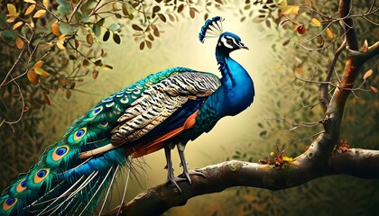 Majestic peacock draped in vibrant jewels perched on tree branch surrounded by lush green leaves