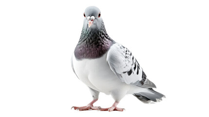 a close-up of a grey pigeon with striking black and white feathers, standing against a clean white b