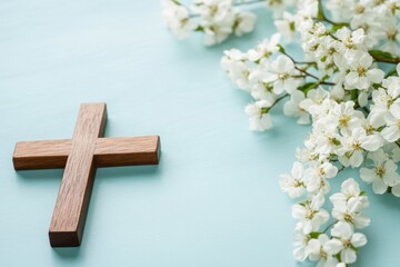 Poster - a wooden cross and white flowers on a light blue background, representing Christianity Generative AI