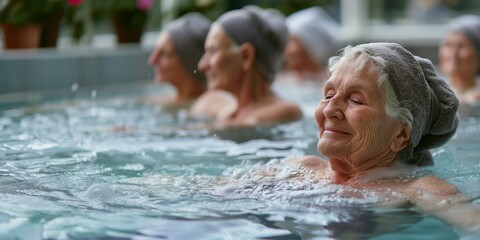 golden age. elderly women, women of retirement age relaxing in the spa. swim in the pool