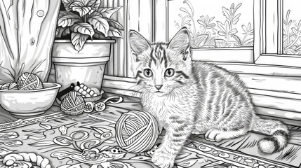 A curious tabby kitten examines its surroundings in a cozy room filled with vibrant yarn, a bowl, and potted plants, basking in soft afternoon light streaming through the window