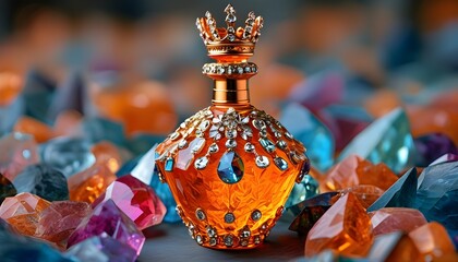 Sticker - Opulent orange bottle adorned with jewels and crowned, encircled by a vibrant array of colorful crystals