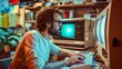 © Diana - A man focused intently on programming at an old computer in a retro-style workspace during the evening hours