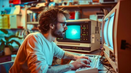 a man focused intently on programming at an old computer in a retro-style workspace during the eveni