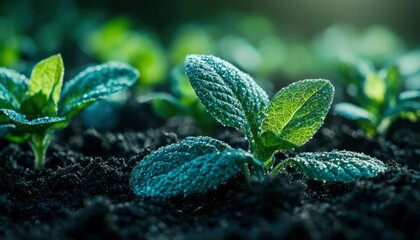 Poster - Dew-Covered Green Plant Sprout Emerging from Soil