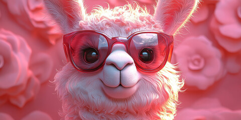 Wall Mural - A cute llama wearing pink sunglasses with a pink floral background.