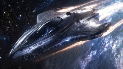 Poster - The concept of a futuristic white spaceship designed to fly in the universe or cosmos galaxy above Earth. This is the concept of future technology shuttles, cosmic travel and transportation vehicles