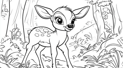 Wall Mural - The cute fawn in the forest is an outline line drawing illustration for a coloring book page. This is a picture of a baby character sketch, and a deer is a line drawing illustration for kindergarten