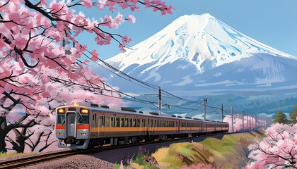 Wall Mural - Train journey through cherry blossom paradise with majestic snow-capped mountains in the distance