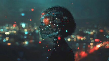 Poster - a rearview silhouette of a human standing in front of a futuristic technology hologram interface. is
