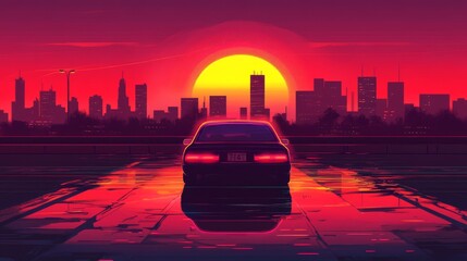 Wall Mural - Streamlining neon purple illustration of car ride at sunset. Retrowave synthwave landscape poster, vintage sci-fi night city from 90s cyberpunk game, vaporwave digital art, star sky.