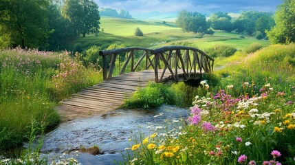 Wall Mural - A serene wooden bridge crosses a gentle stream. Surrounding fields boast lush greenery and vibrant wildflowers. This picturesque scene captures the beauty of nature, perfect for relaxation. AI