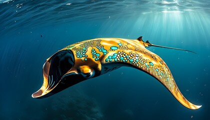 Elegant manta ray embellished with gold and turquoise jewels gliding effortlessly through sunlit deep sea waters