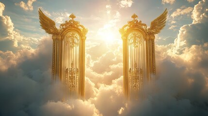 Heaven gates, shining golden, surrounded by white clouds, entrance to paradise, Christian concept and belief. The hope of resurrecting or surviving after death.