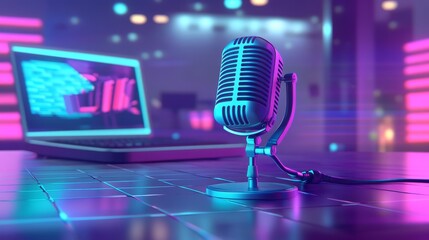 Podcast studio interior with no people inside. Media broadcasting and communication room with equipment and neon lighting. Closeup black microphone for sound device and laptop.