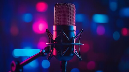 Podcast studio interior with no people inside. Media broadcasting and communication room with equipment. Closeup black microphone for sound or audio device.