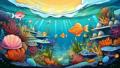 Marine Mysteries- A colorful illustration of an underwater world with colorful fishes and other creatures and plants