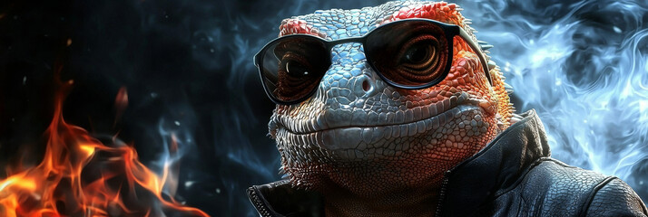 Sticker - A cool lizard wearing sunglasses and a leather jacket with fire and smoke in the background.