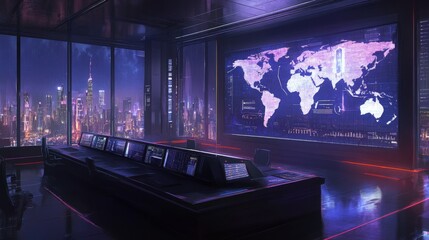Poster - The control office is full of monitors on the table or desk, with a huge display screen on the wall showing the world map. Network monitoring, technical support, logistics, and server stations are