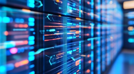 Poster - The data center storage rooms are a blue and orange color scheme. They hold data on cloud computer systems and databases, as well as cybersecurity and hosting.