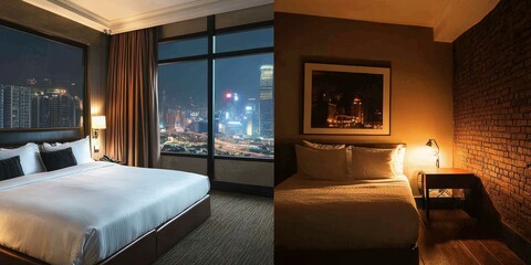 Two hotel rooms with beds and city views.