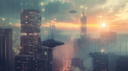 Wall Mural - background with futuristic city with flying cars and skyscrapers