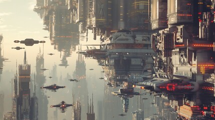 Wall Mural - background with futuristic city with flying cars and skyscrapers