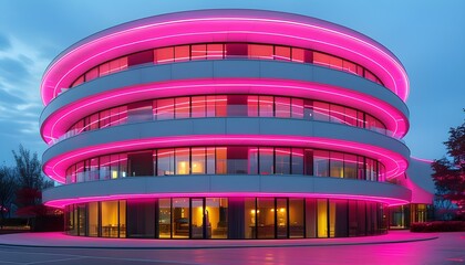 Contemporary architecture featuring a curved facade bathed in vibrant pink neon glow