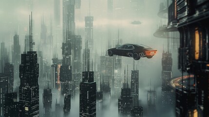 Wall Mural - background with futuristic city with flying cars and skyscrapers