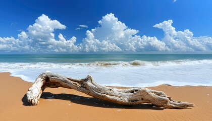 Sticker - Driftwood on a Sandy Beach Under a Blue Sky with White Clouds