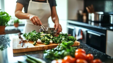 A person skillfully chops fresh vegetables on a wooden cutting board in a warm kitchen, with sunlight illuminating the vibrant greens and reds