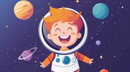 Wall Mural - a smiling little boy astronaut in space, a cartoon illustration. a cosmonaut wearing a helmet and su