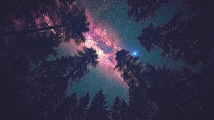 Wall Mural - stunning images of forest trees silhouetted against a starry sky in purple and pink. beautiful scene