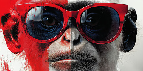 Sticker - Close-up of a monkey wearing red sunglasses, with half of its face painted red.